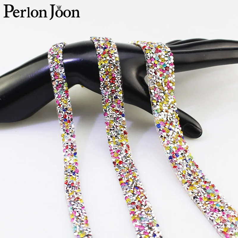 1cm 1Yard Multicolor Resin Motif Crystal Rhinestone Tape Trim Hot Fix Ribbon Iron On Appliques For Dress Shoe Decoration TR003