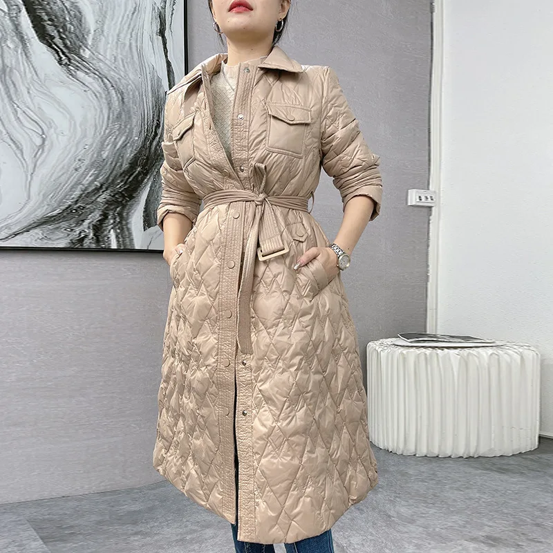 Knee High Winter Warm White Duck Down Coats with Belt 2021 New Light Weight Lady Solid Outwear Coats Duck Down Coat for Women