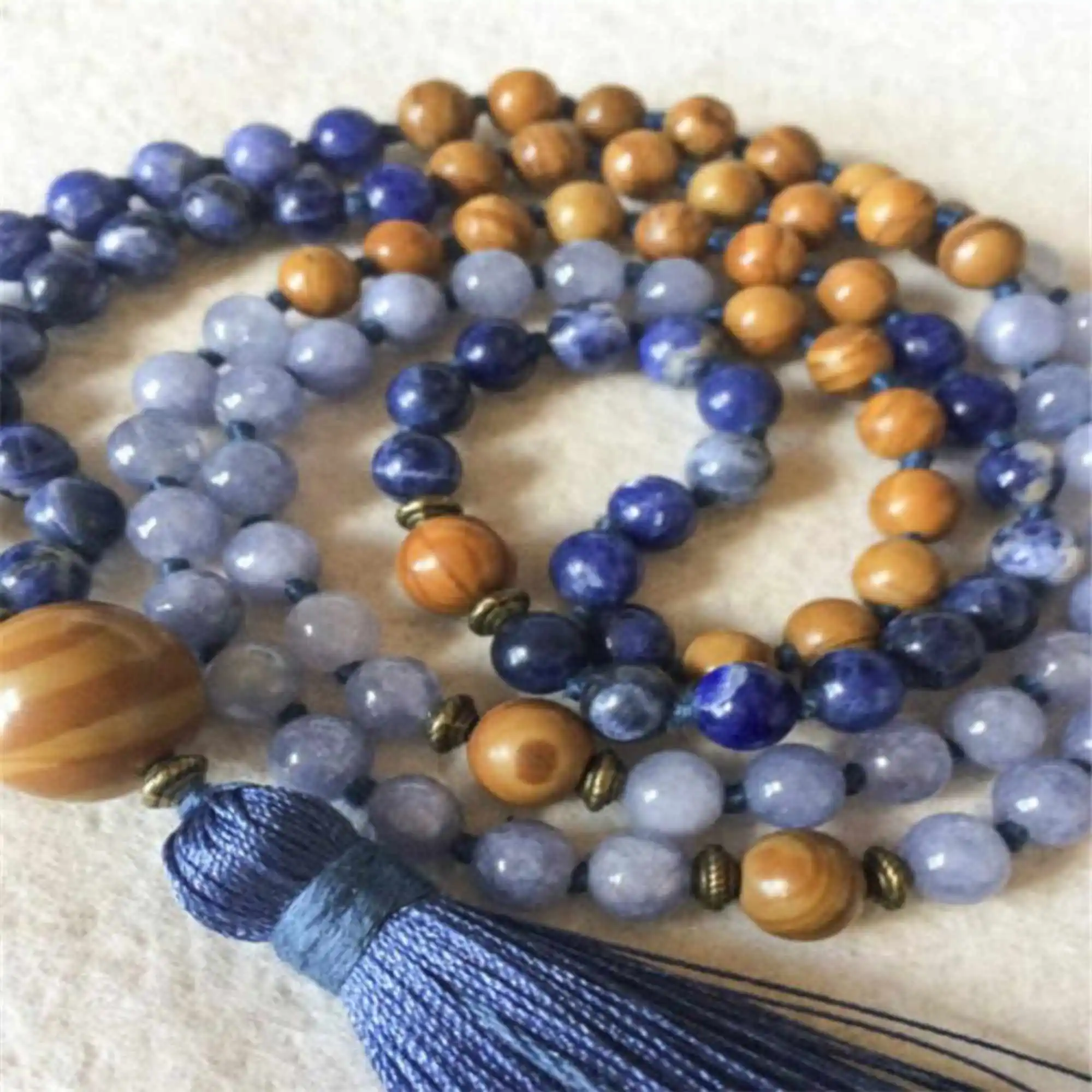 6mm 108 Knot lazuli Aquamarine gemstone beads Necklace Fashion Men's Men Opera length Spiritual Seekers Lariat Yoga Yoga