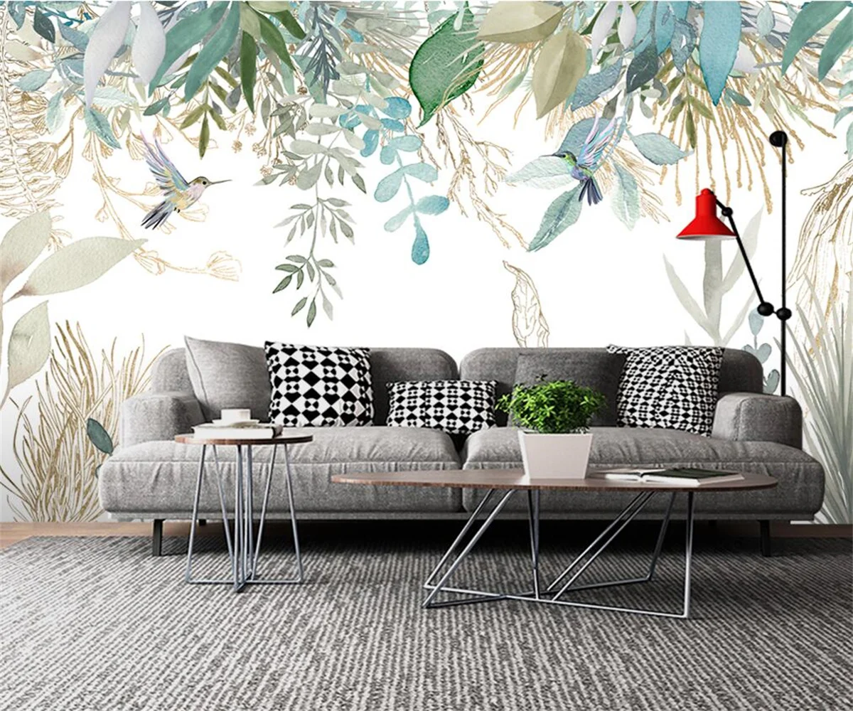 Custom mural wallpaper Nordic hand-painted tropical plants leaves flowers and birds bedroom interior background 3d wallpaper