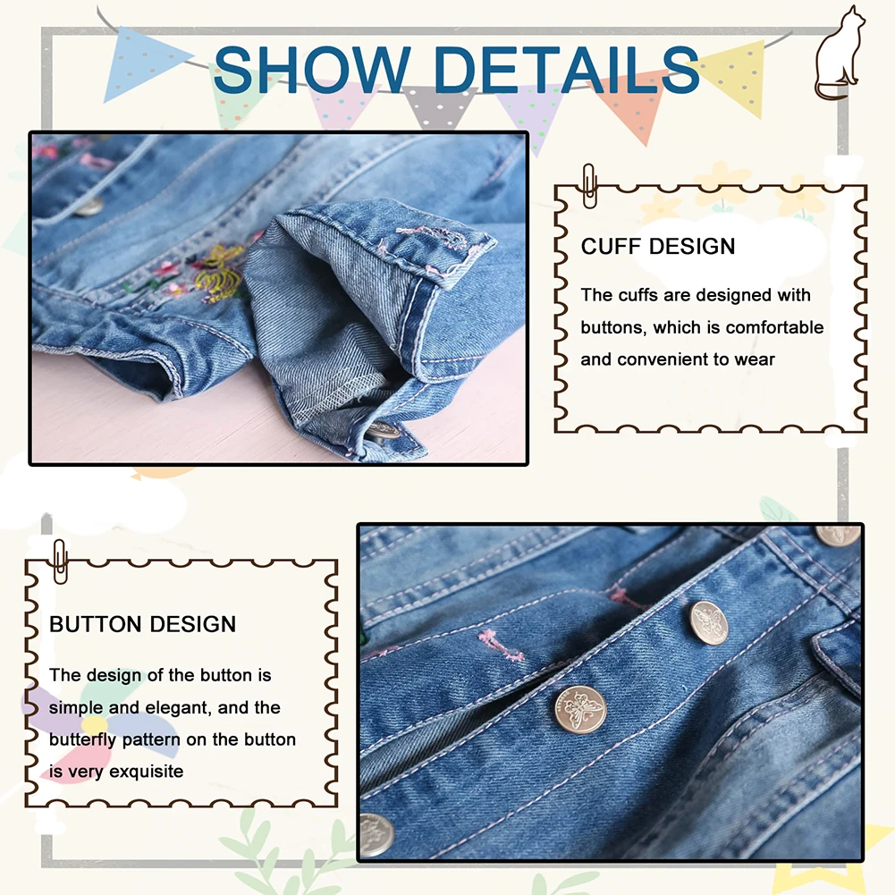 Embroideried Girls Denim Jackets Casual Babies Outerwear Kids Autumn Button Coats Cotton Lapel Tops Full Sleeve Leisure Clothes