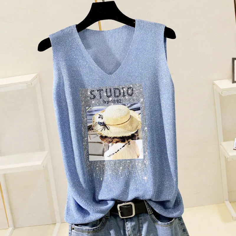 Women Vest Spring Summer New Sleeveless V-neckIce Silk Casual Loose Knitted Tank Pullover Top Korean Clothes Female Tank Tops