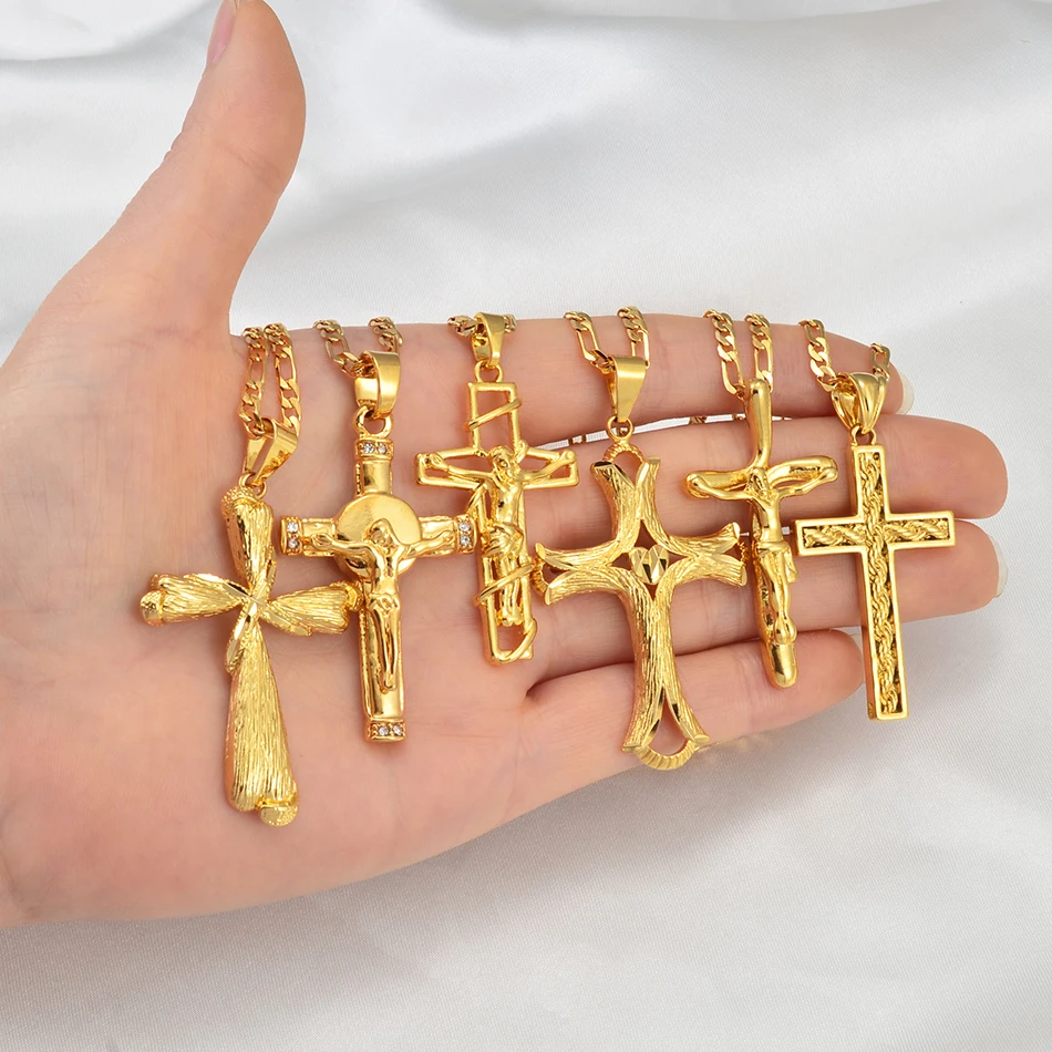 Anniyo Charm Cross Necklace Women Men Girls Gold Color Christian Crucifixion Jesus Religion Worship Jewelry #244506