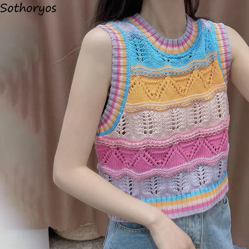 Colorful Striped Sweater Vests Women Sweet Slim Fit Panelled Cropped Hollow Out Knitted Sleeveless Knitwear Tender O-neck Jumper