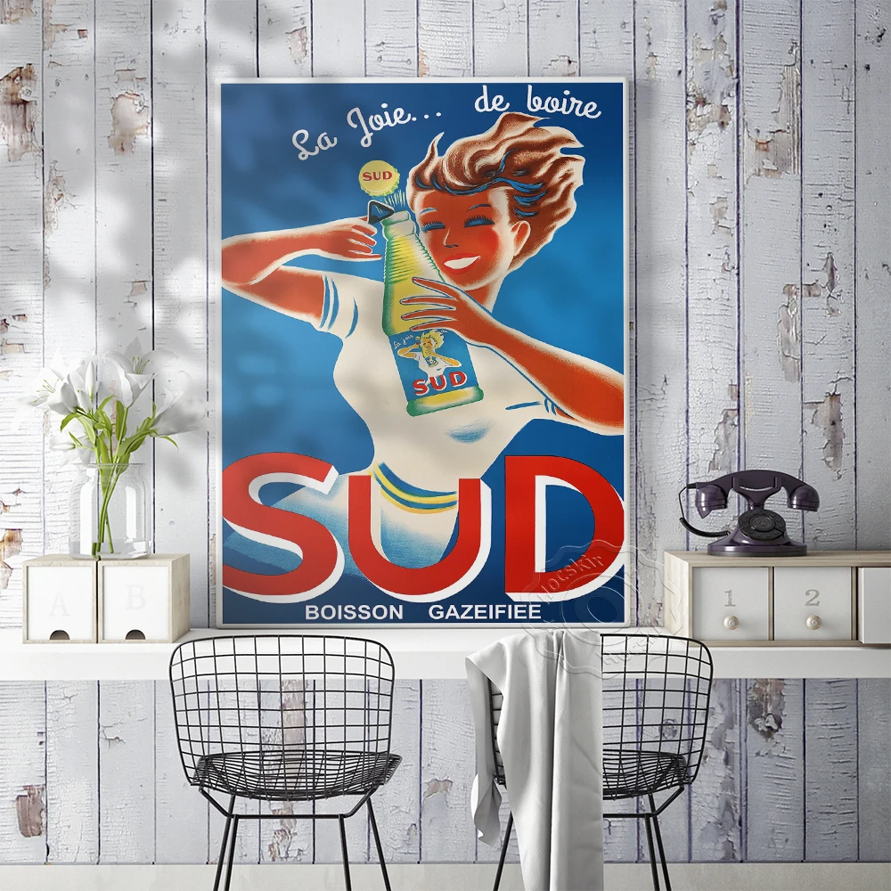 Póster Vintage francés de Sud Boisson Gazeifiee, impresiones publicitarias de bebidas artísticas Vintage europeas, Mural de decoración de pared para Bar, Pub y Club