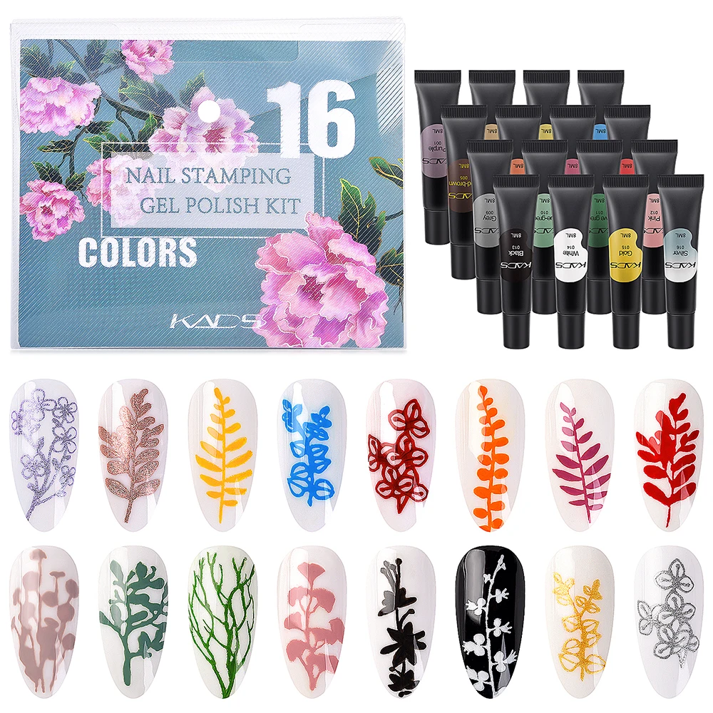 16 unids/set de Gel para estampado de uñas, 8Ml, aceite de impresión, esmalte de Gel UV para decoración de uñas, placa de estampado, accesorios de manicura