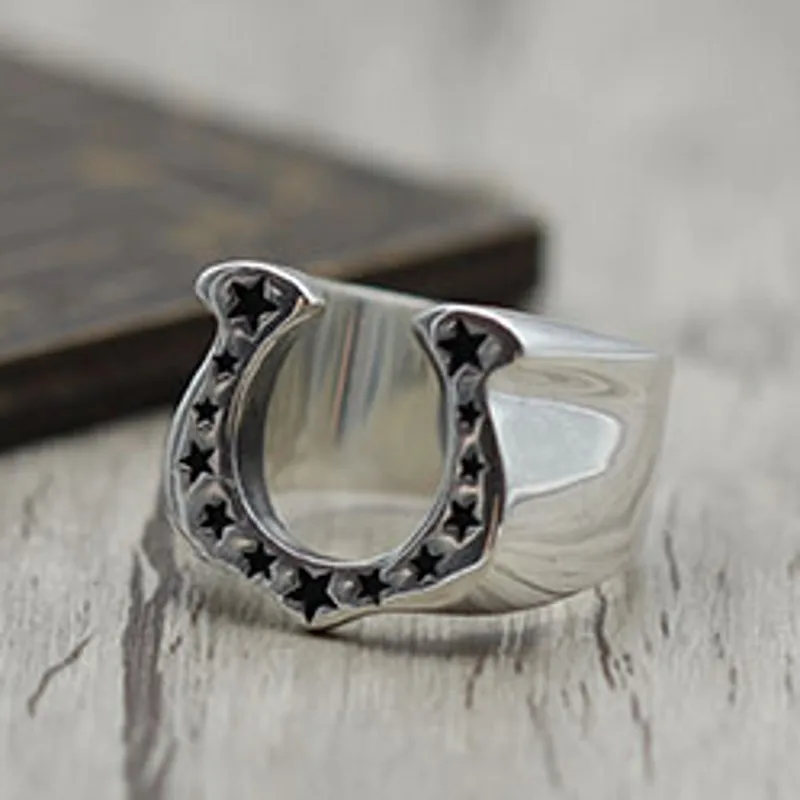 S925 Silver Jewelry Accessories Personality Trendsetter Vintage Retro Horseshoe Closed U Shaped Star Man Ring