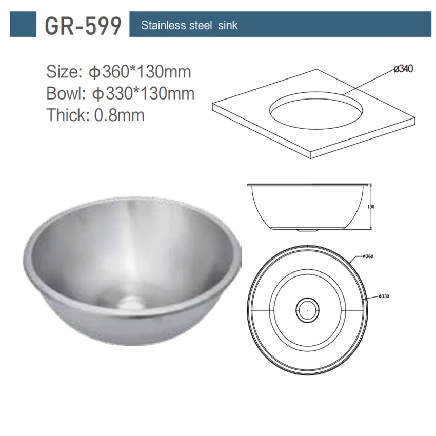 Stainless Steel Round Sink Ф360*130mm Polished RV Caravan Camper Boat GR-599