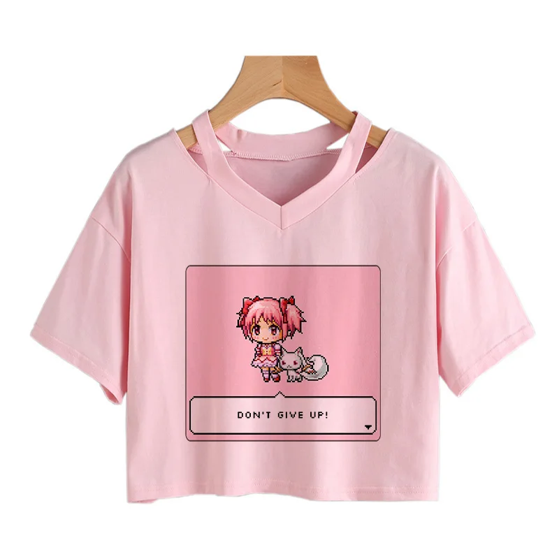 Harajuku Summer kawaii Girl Anime Print T-shirts Women Casual Gothic Crop Tops Aesthetic Pink Cute Cropped Short Sleeve shirt