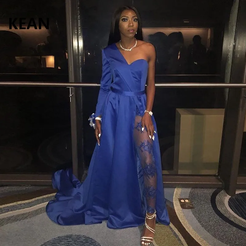 Royal Blue Evening Dresses Full Sleeve One Shoulder Jumpsuits Jacket Islamic Dubai Kaftan Saudi Arabic Evening Gown Prom Dress