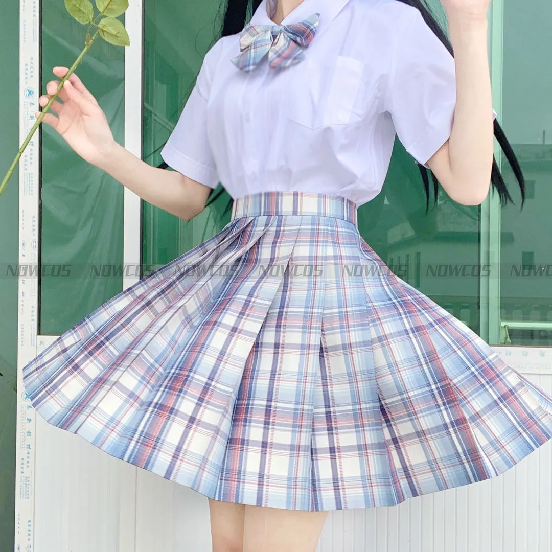 Qiuyekongショート/ロングスリーブハイウエストプリーツスカートチェックスカート女性用制服学生用