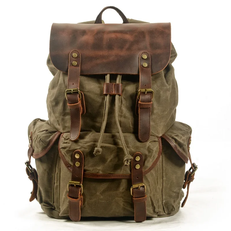 Wasserdicht Leinwand Rucksäcke Für Männer Leder Laptop Rucksack Retro Große Kapazität Reisetasche Trend Straße Junges Motorrad Daypacks