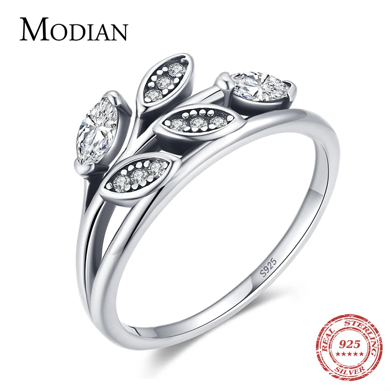 

Modian Vintage Lucky Leaves Simple Ring Real 925 Sterling Silver Dazzling Clear CZ Tree of Life Finger Rings For Women Jewelry