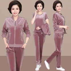 2024 New Spring Autumn Casual Embroidered Velvet Tracksuit 3 Piece Set Women Plus Size Pant Suit Korean Joggers Velour Sweatsuit