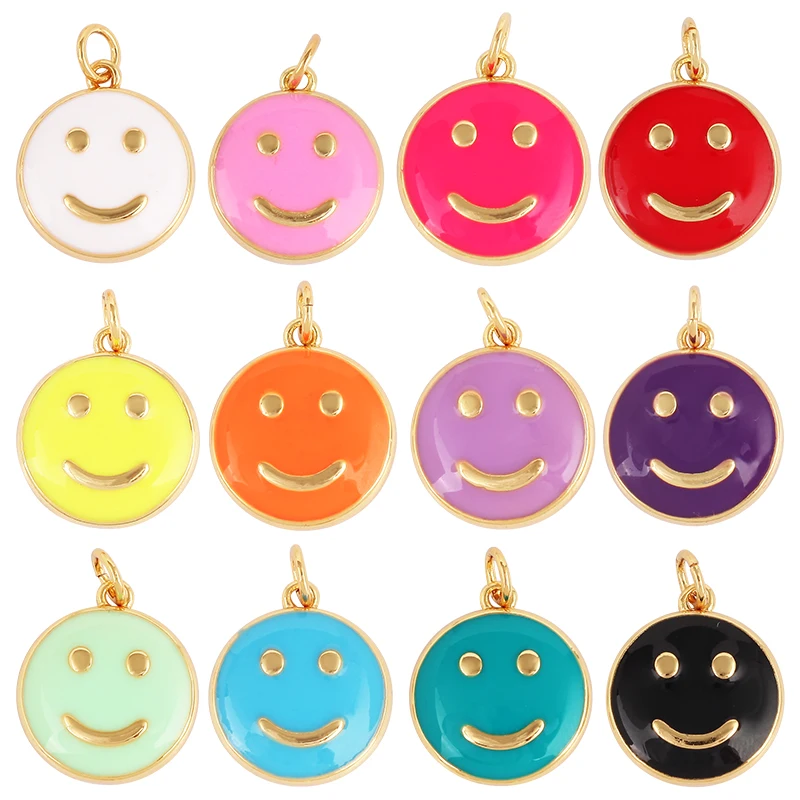 Happy Face Enamel Charm Neon Pink Orange Turquoise Blue Oil Dropped,Real Gold Plated ,Necklace Bracelet Pendant K01