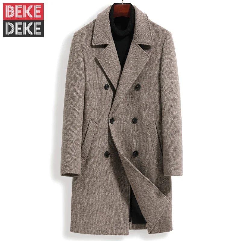 Mens Vintage Double Breasted Long Wool Coat Business Man Winter Thick Padded Woolen Blends British Trench Coats Plus Size 5XL