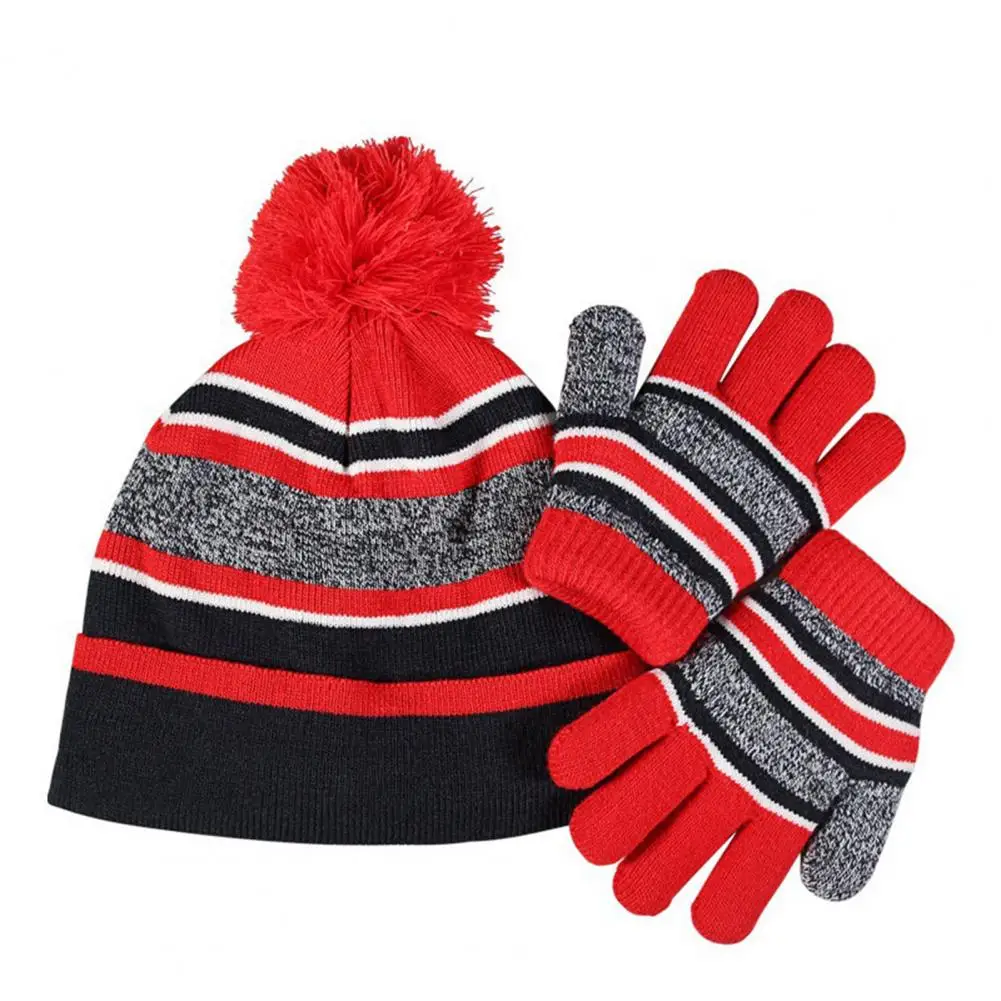 1 Set Kids Knitting Hat Gloves Warm Fashionable Autumn Winter Stripe Knit Cap Gloves for Daily Wear