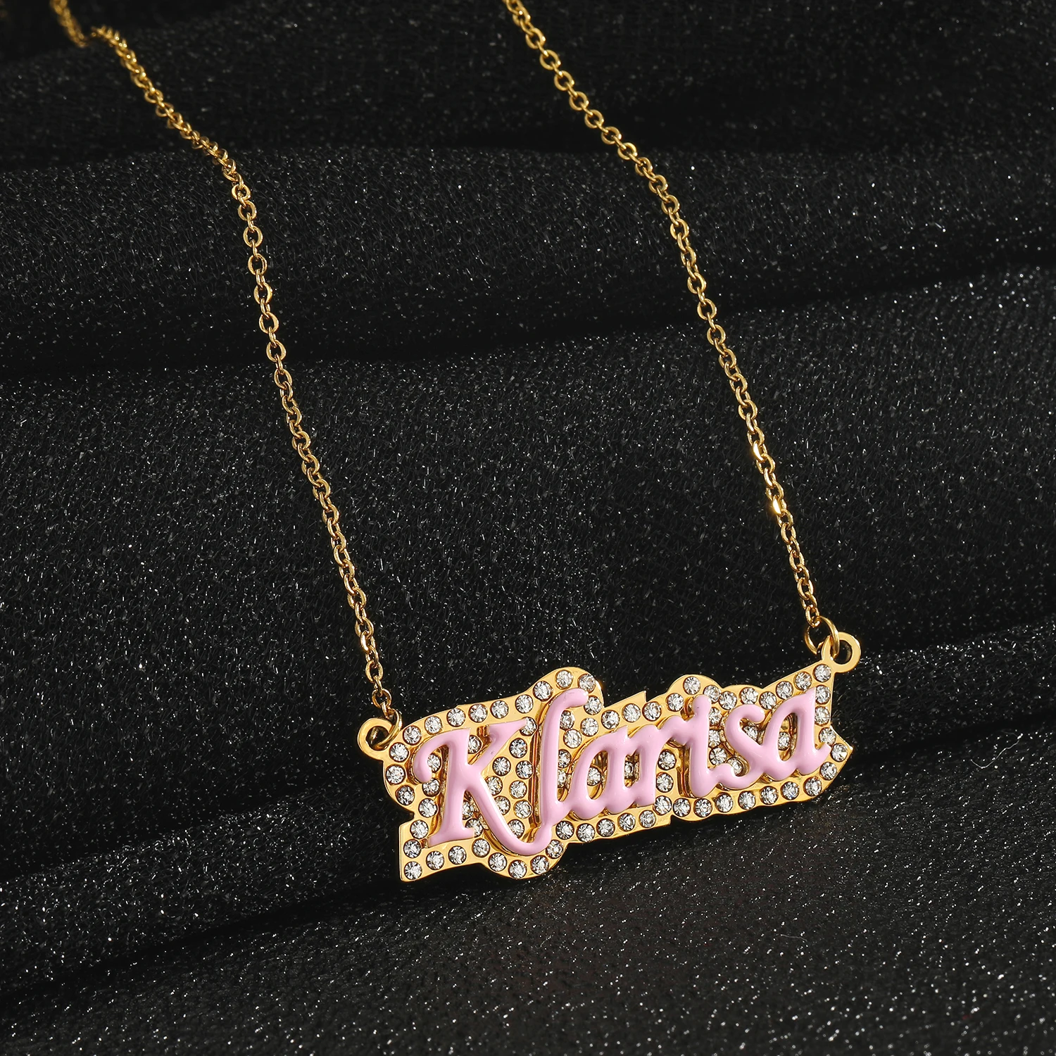THE BLING KING Custom Enamel Name Choker Iced Out Rhinestone Stainless Steel Letters Pendant Personalized DropOil Necklace Gift