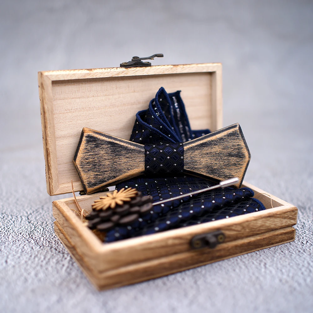 Old colored Vantage Wooden Hollow Wood Bow Ties Bowtie With Pocket Square Brooch For Men Christmas Gift Set With Box Ties
