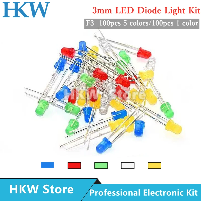 100pcs 3mm LED Diode 3 mm Assorted Kit White Green Red Blue Yellow Warm white DIY Light Emitting Diodes F3