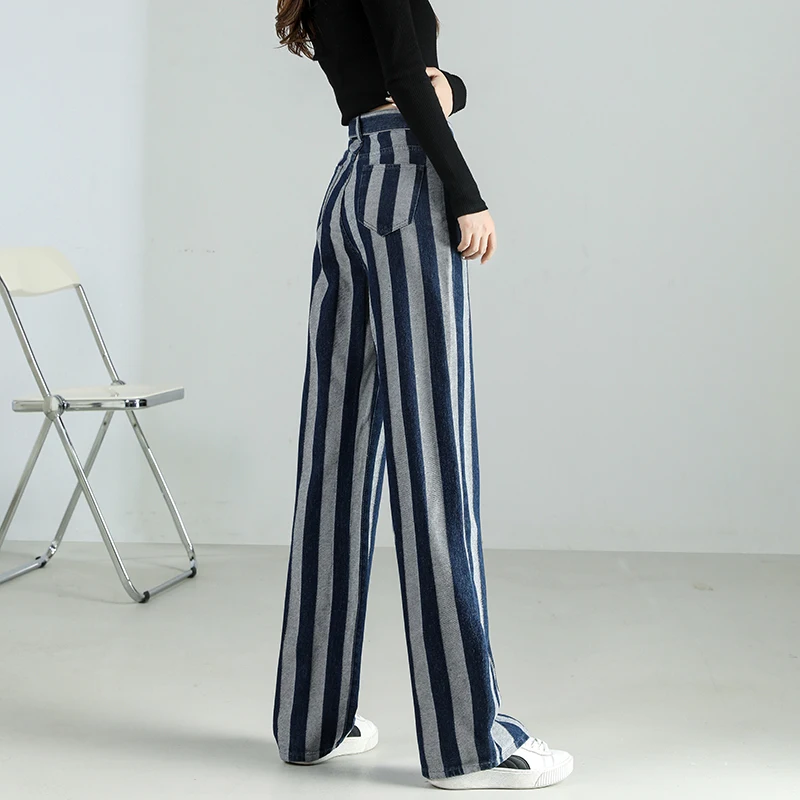 Jeans Women Stripe printing Dyeing Vintage High Waist Pure Cotton Wide Leg Simple All-match Loose Harajuku Casual Denim Trousers