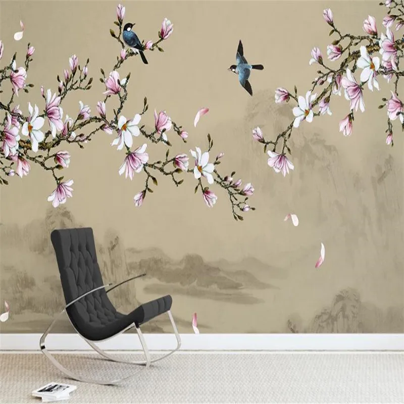 

Milofi customized 3D printing wallpaper mural magnolia flower bird new Chinese background wall decoration painting