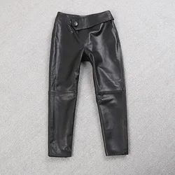 England style great quality ealstic waist real sheep leather pants Spring female A buckle was thin pencil leather Pants F1052