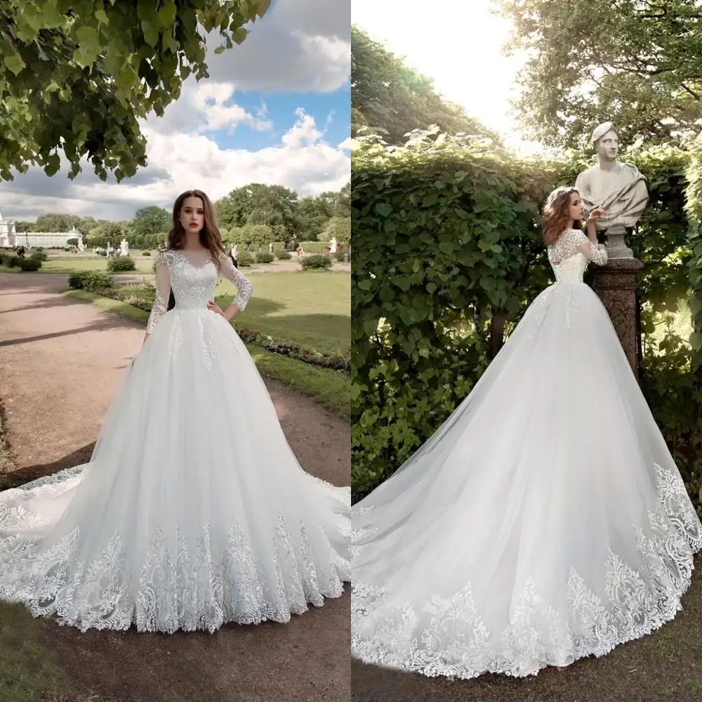 Vestidos de novia de manga larga y cuello redondo, apliques de encaje con botones y cordones, cola de cola A, para boda, 2020