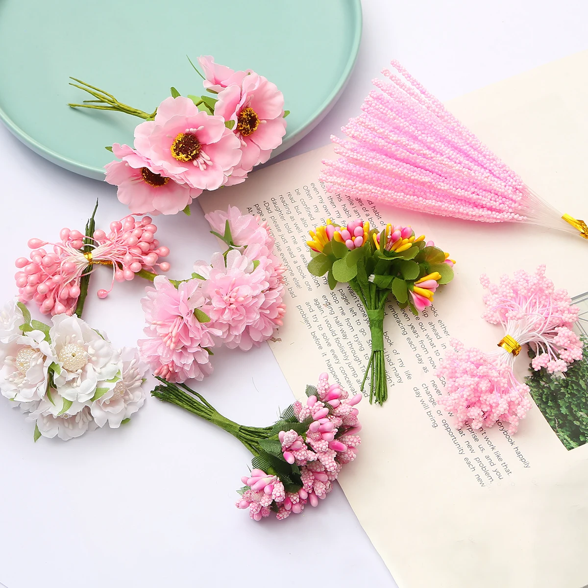 

6/10/12/50/60/70/90/144/288pcs Pink Flower Cherry Stamen Berries Bundle DIY Christmas Wedding Cake Gift Box Wreaths Decor