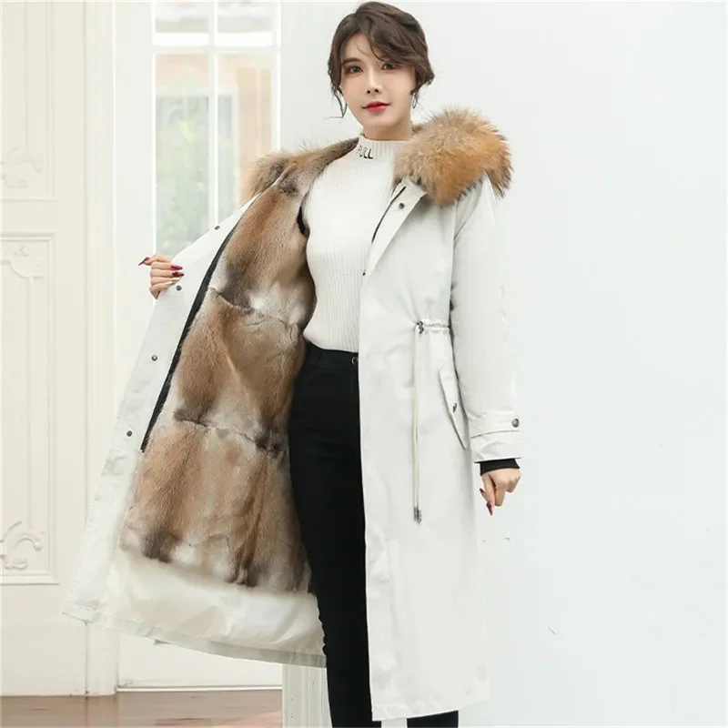 2021 New Parka Winter Coat Women One-Piece Detachable Liner Female Green Root Carved Fox Fur Imitation Fur Coat Hooded Black