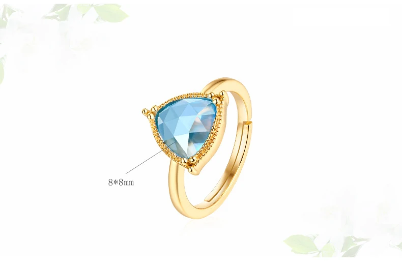 Anomokay Baru Kreatif Biru Topaz Segitiga Warna Emas Cincin untuk Wanita Hadiah Kekasih 925 Sterling Silver Satu Ukuran Cincin untuk pesta