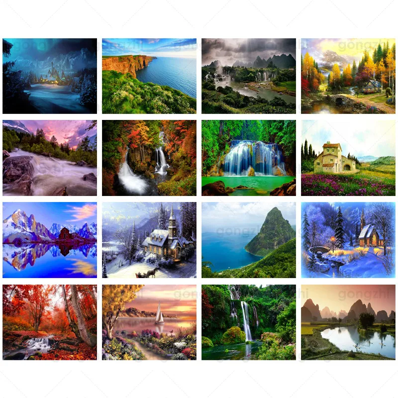 

Customizable Diamond Painting Mountains and Rivers Beautiful Pleasant High Luxury Full Square Round Picture Of Rhinestone Decor