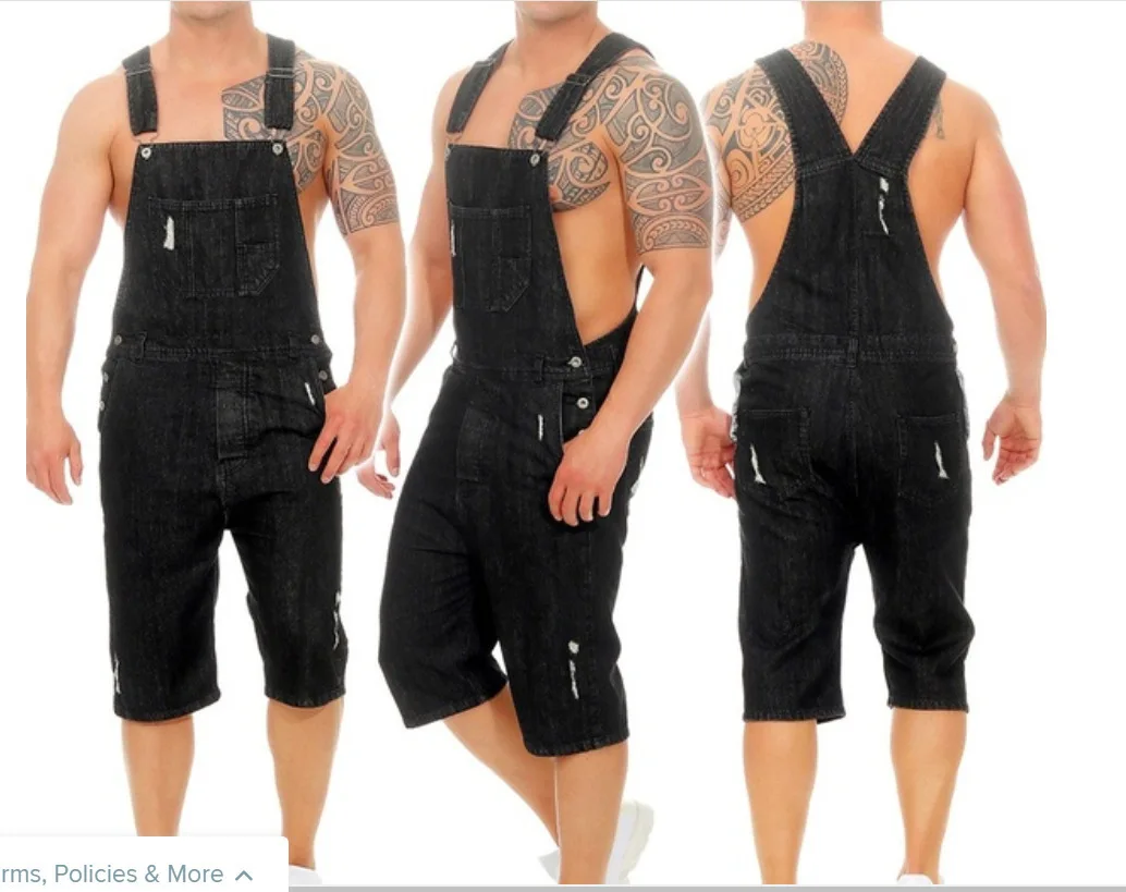 

New vintage men's denim hole-in-the-hole shorts jumpsuit strappants