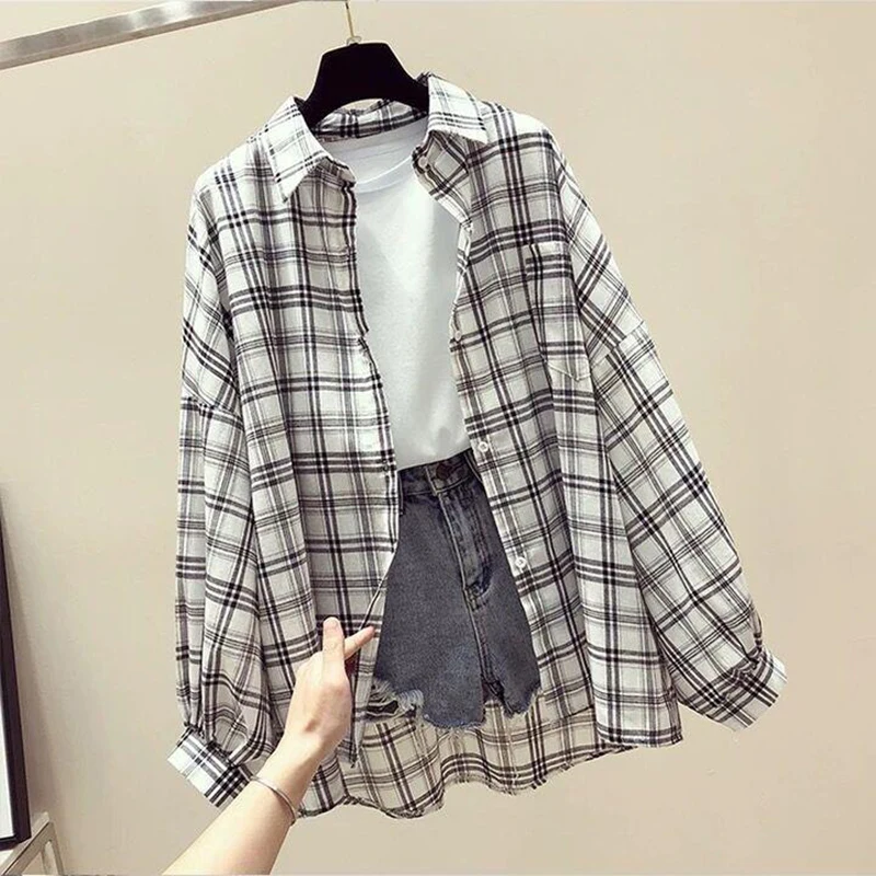 Korean Style Plaid Classic Loose Shirts Blouse Women Daily All-match Cute Student Women Clothing Fashion Vintage Shirt