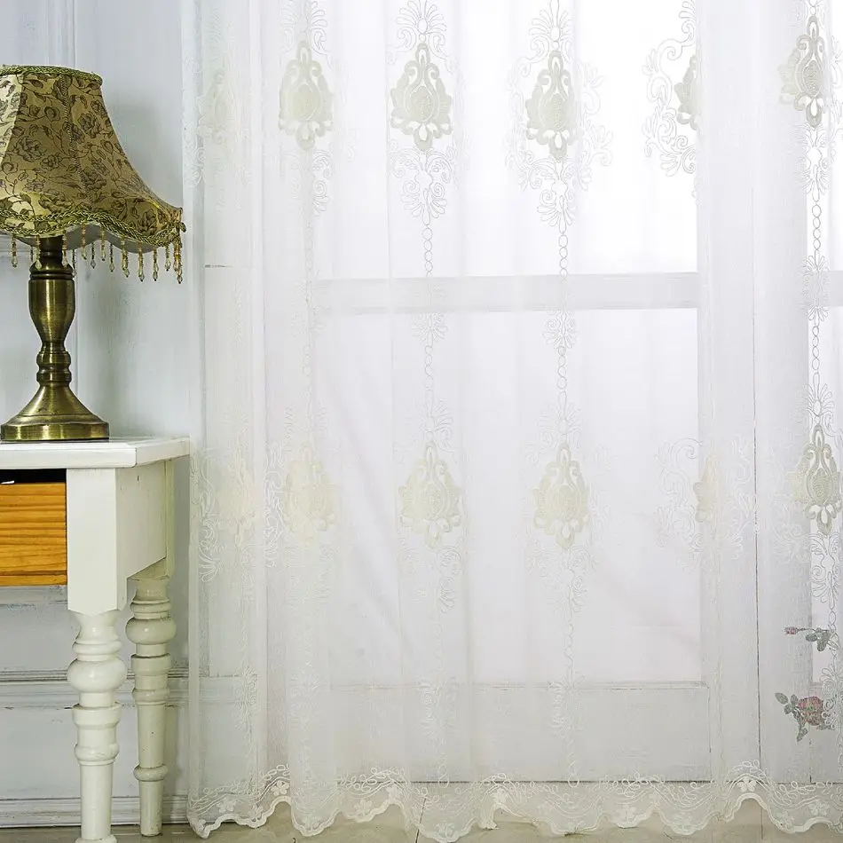 White Floral Sheer Scallop Embroidery Window Curtain American Style Home Deco Rod Pocket Grommet for Living Room