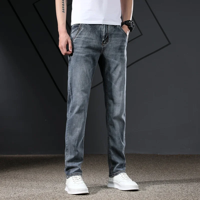 Men\'s Jeans Trousers Straight Cut Spring and Summer Stretch Men Denim Pants Streetwear Zipper Pockets Business Casual Quality