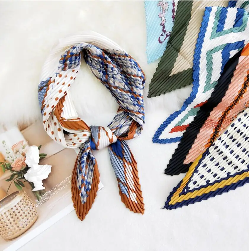 

Summer Multifunction New Elegant Decorated Scarf for Women Small Pleated Neck Scarf Crinkle Pattern Silk Headwear 2021