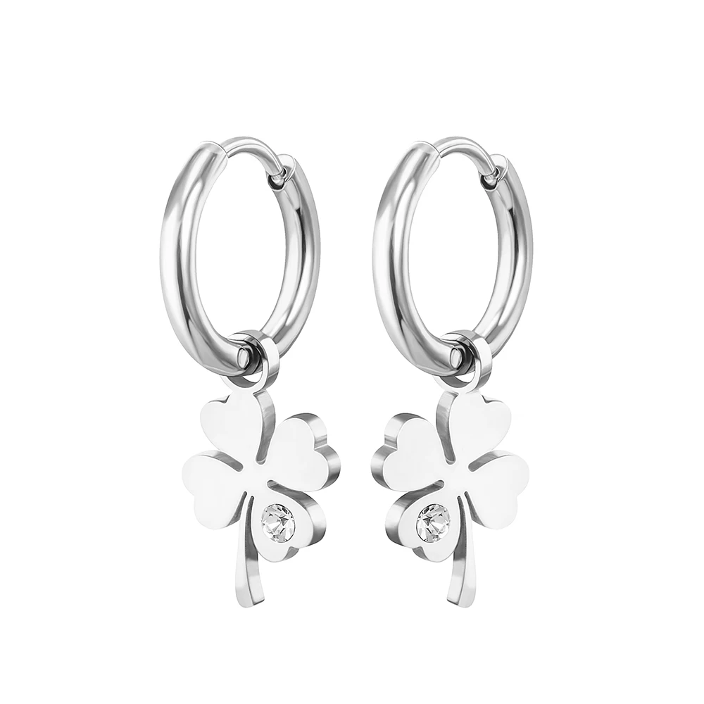 2022 Korean Simple Four Leaf Clover Earrings for Women Silver Plated Hoops Earrings Stainless Steel Jewelry Valentine's Day Gift