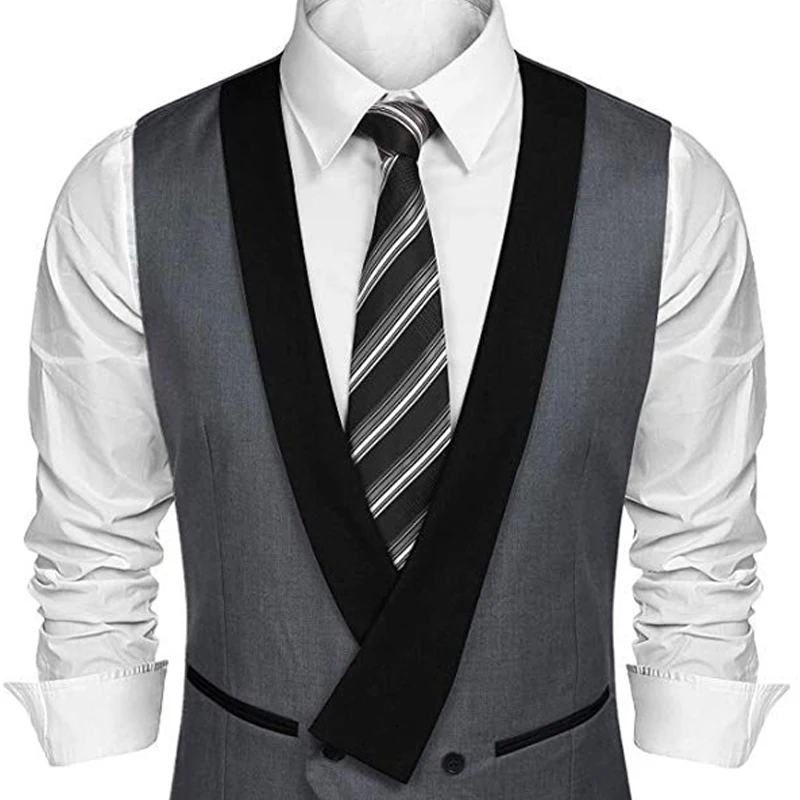 Double Breasted Slim fit Vest for Men Suit One Piece Custom Waistcoat with Black Shawl Lapel Gray Gentleman Wedding Tuxedo Coat