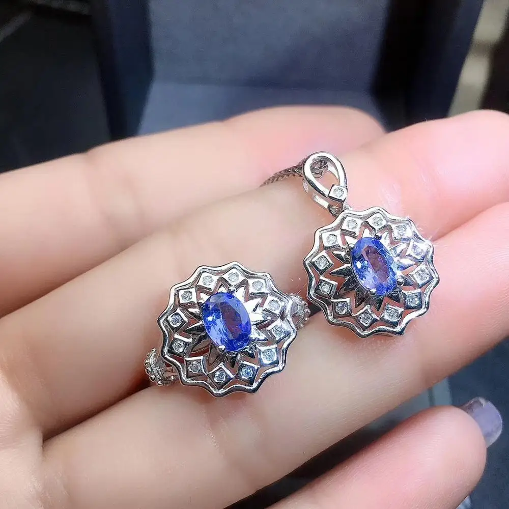 Free Shipping Natural Tanzanite jewelry set Natural Real Tanzanite 925 sterling silver 1pc pendant,1pc ring