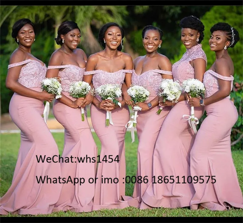 Mbcullyd Pink Mermaid Bridesmaid Dresses With Applique Lace Cheap Off Shoulder Long Wedding Guest Dress African Vestido De Festa