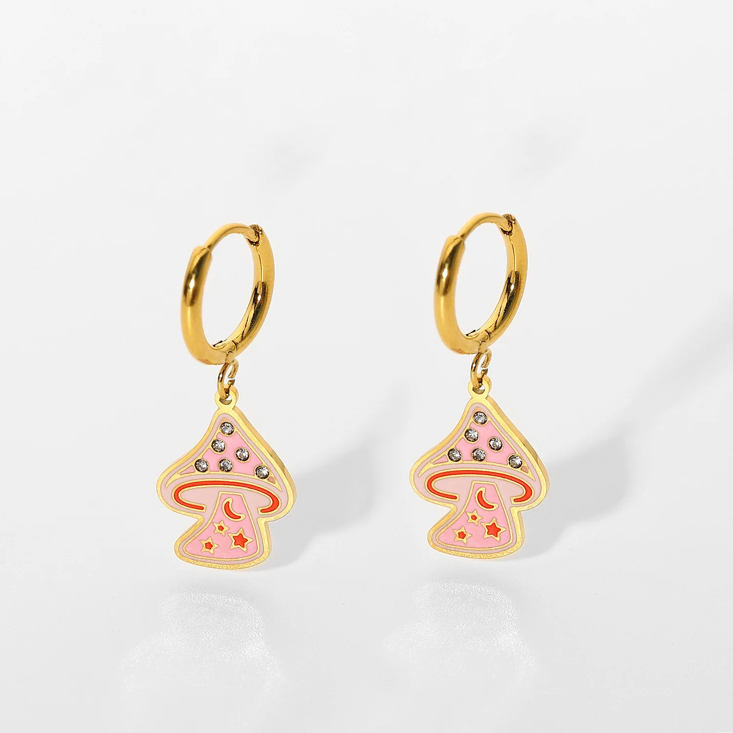 Pink mushroom dangling earrings for women stainless steel gold hoop earrings with charm teenage girls cute kawaii summer