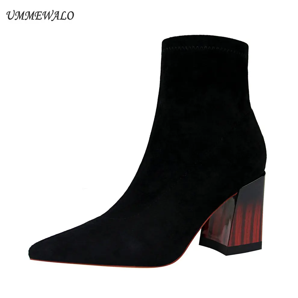 

UMMEWALO Ankle Length Flock Boots Women Fashion Pointed Toe High Heel Shoes Winter Ankle Boots Ladies Shoes 1718-2