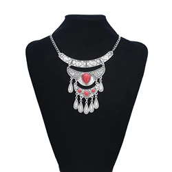 Turkey Vintage Silver Color Alloy Geometric Necklaces for Women Boho Blue Red Blue Stone Necklaces Ethnic Afghan Tribal Jewelry