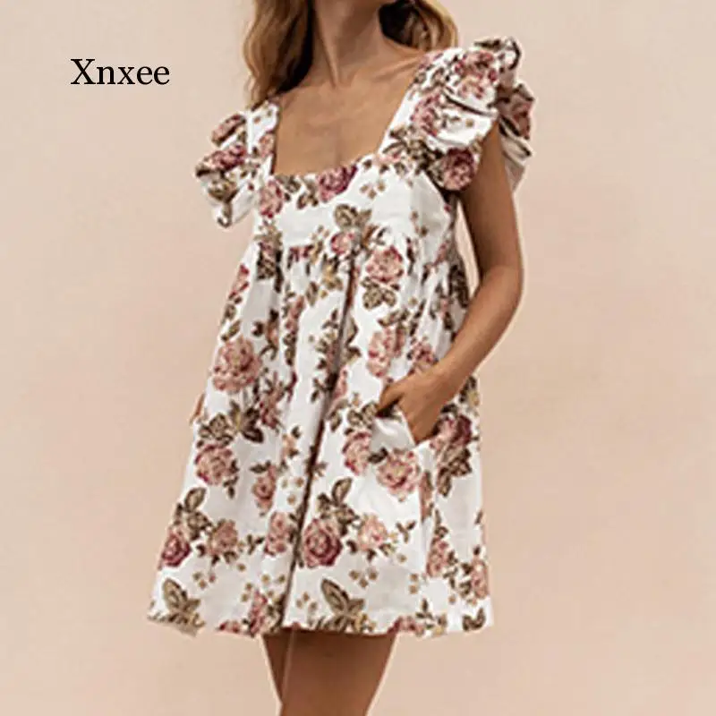 Elegant Butterfly Sleeve Ruffle Mini Dress Casual Square Collar Print Party Dress Women Summer Loose Pocket Beach Dress Vestidos