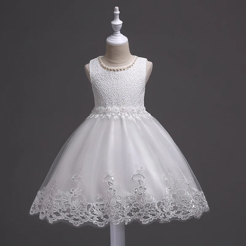 Flower Girls Party dresses for New Year Baby Girls Sleeveless Pearl Princess Wedding Dress Children Clothes Vestidos 2-10Y