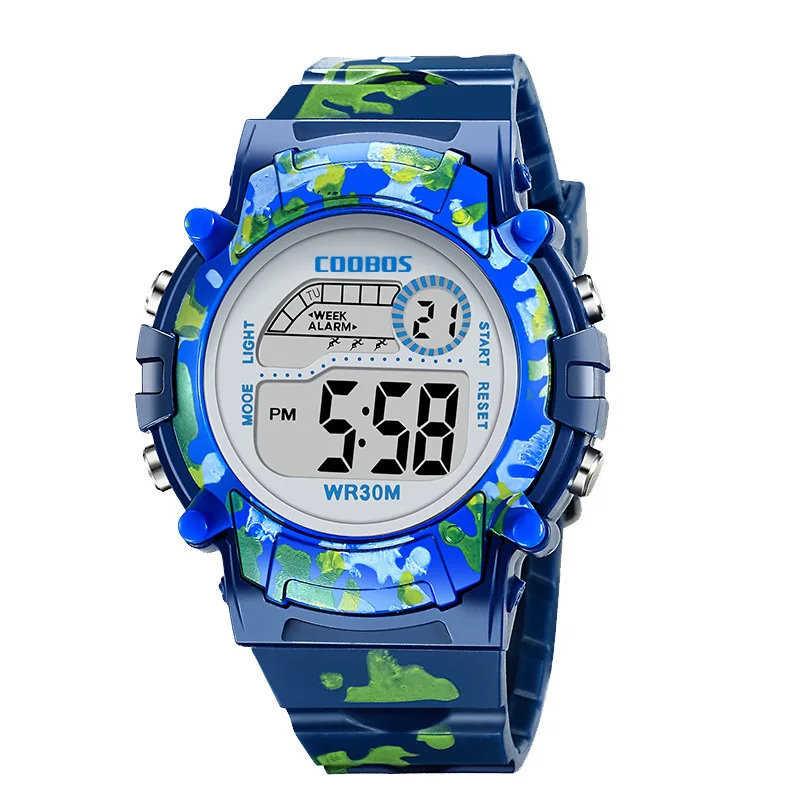 Navy Blau Camouflage Kinder Uhren LED Bunte Flash Digital Wasserdicht Alarm Für Jungen Mädchen Datum Woche Kreative kinder Uhr