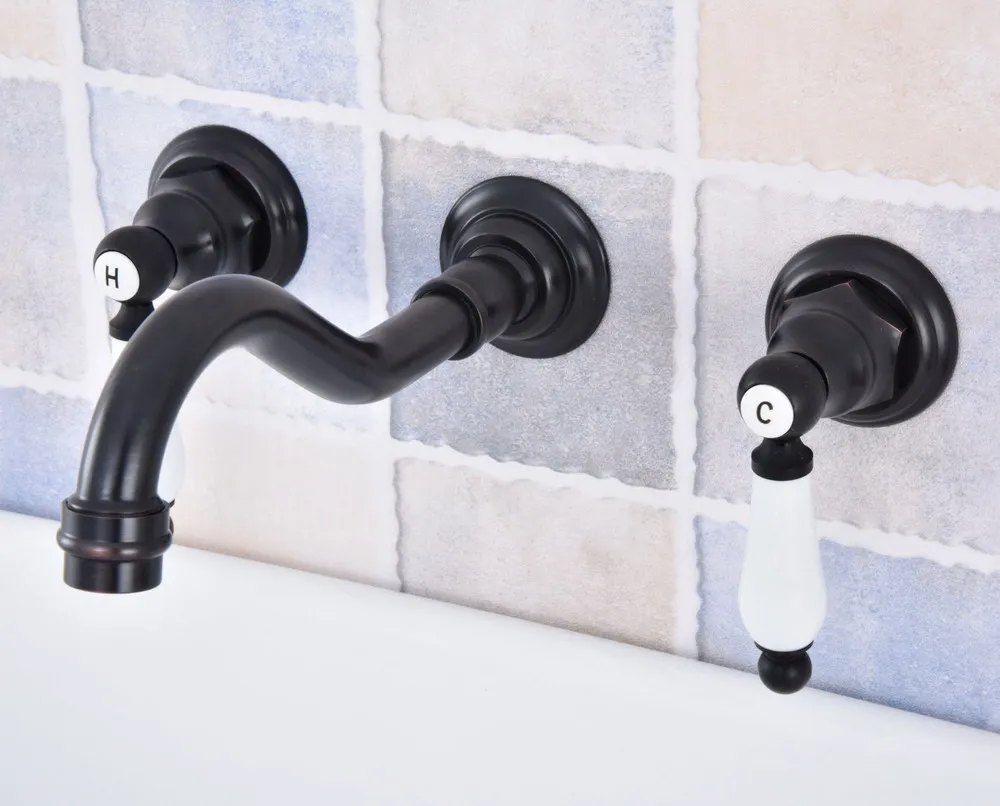 

Brass Black Double Handles Bathroom Faucet Wall Mounted Basin Tap Bathtub Water Mixer Tap Nsf497