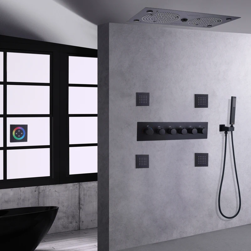 Matte Black Thermostatic Shower Faucet Set 24*12 Inch LED With Music Features Bathroom Showers Combo Set With Handheld