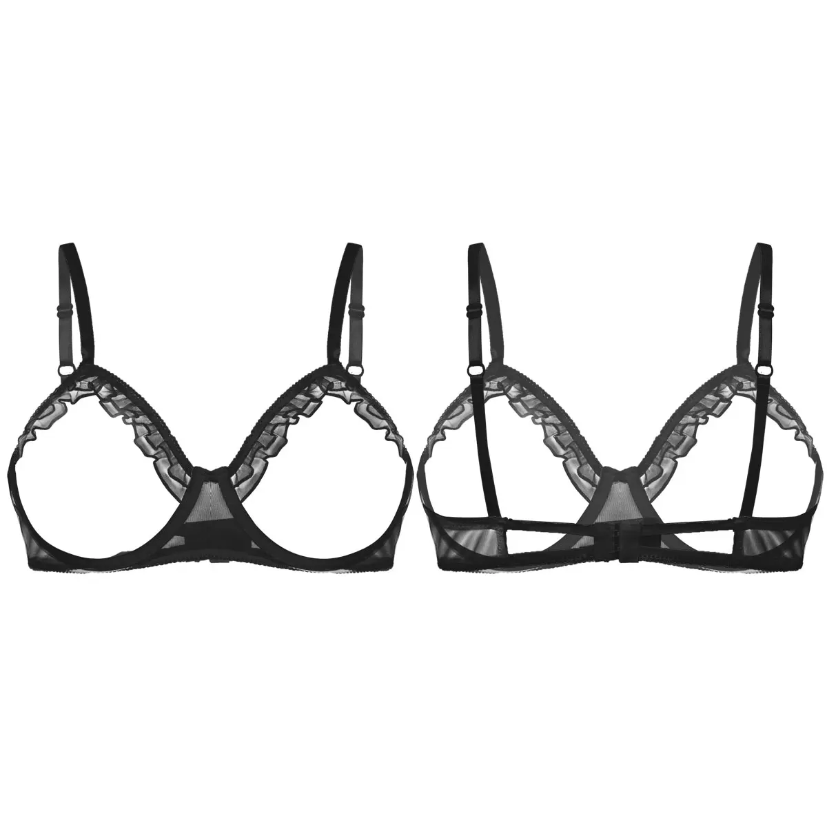 Soutien-gorge à armatures pour femmes, bonnet ouvert, lingerie en maille transparente, bretelles spaghetti, poitrine nue, haut à volants, 7.0